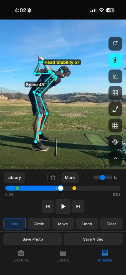 SwingDraw body tracking with Head Stability 57 and Spine 45° labels on a golf swing