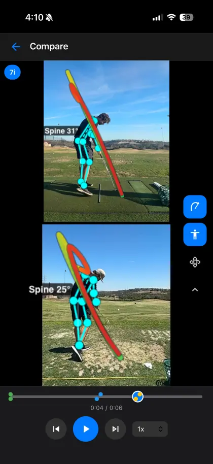 SwingDraw comparing two golf swings side by side on iPhone