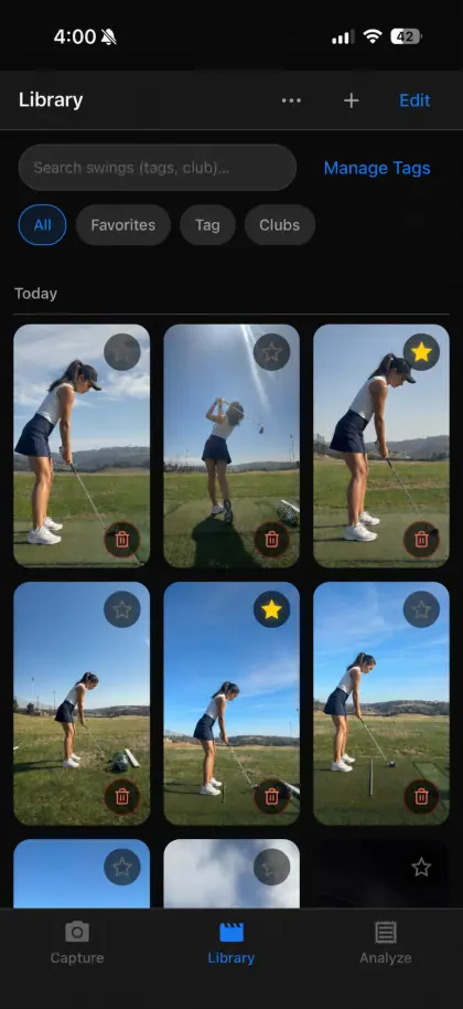 SwingDraw swing library with thumbnails, favorites, tags, and club filters