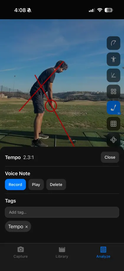 SwingDraw notes panel showing tempo ratio, voice note, and tags for a saved swing
