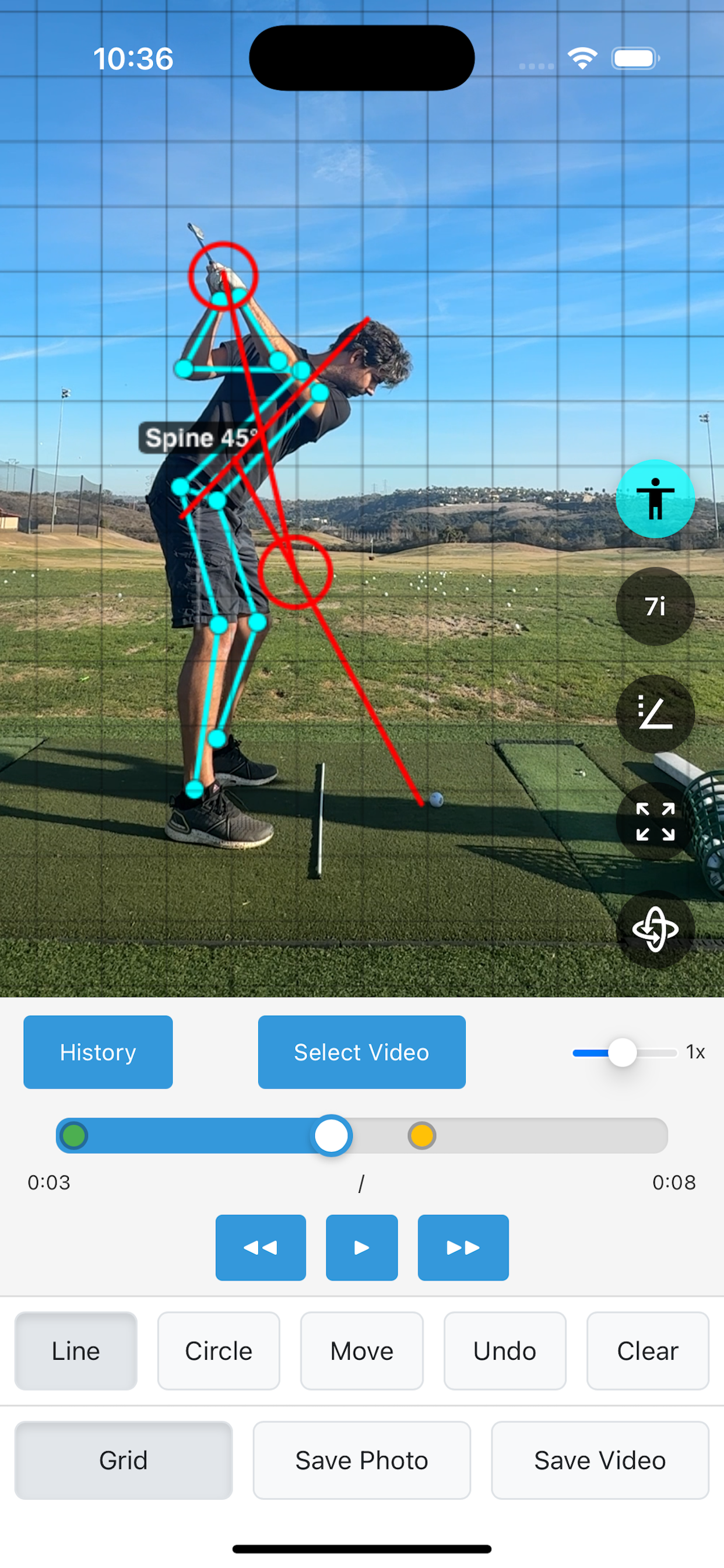 SwingDraw showing swing video annotation tools on iPhone